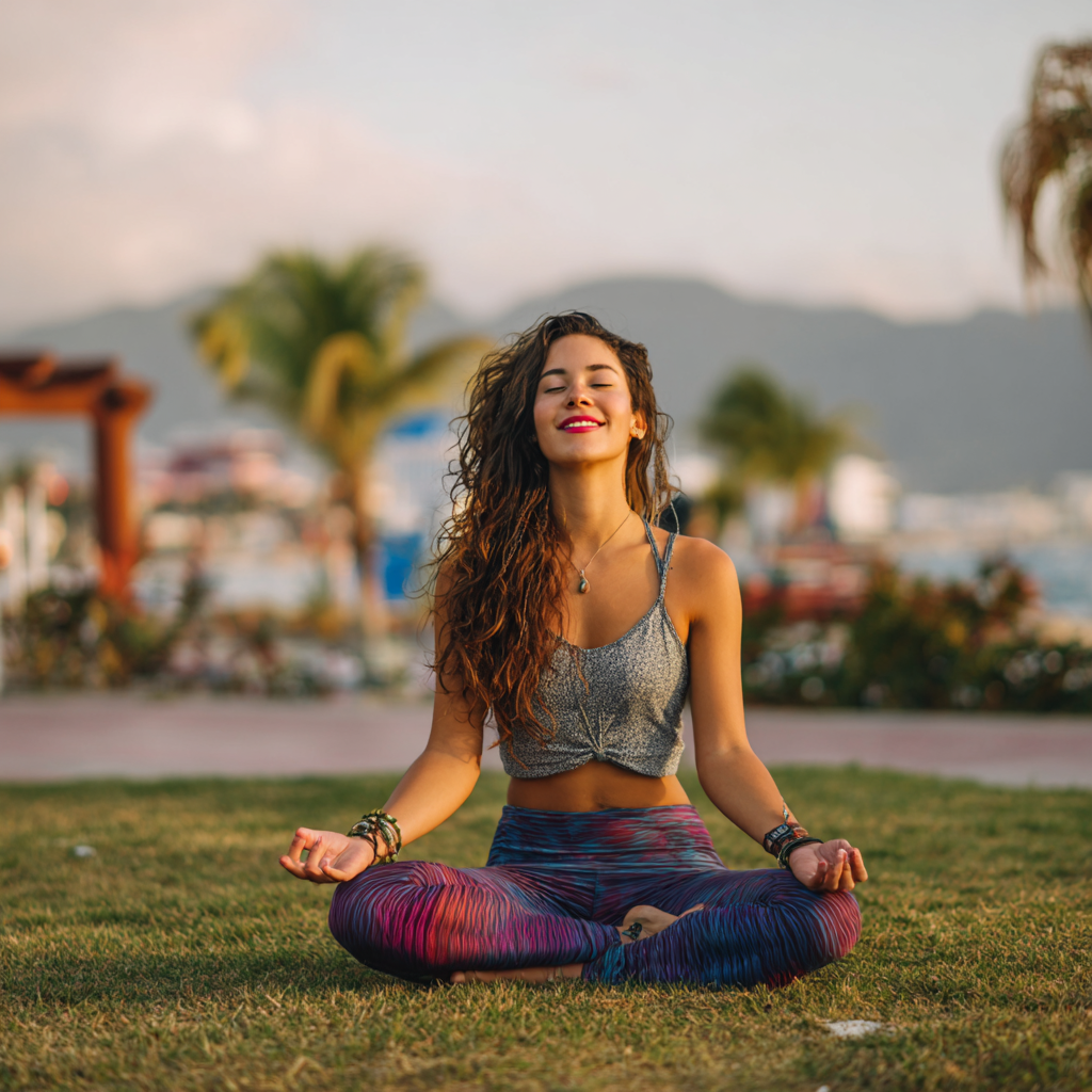 Mujer mexicana sonriente practicando yoga en postura de meditación al aire libre